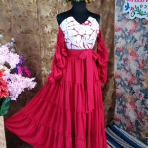 Vestido bordado Jalapa, talla G blanco/tinto