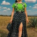 Conjunto de algodón, bordado istmeño de cadenilla negro/verde neon
