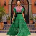 Vestido chifon, bordado a mano chenteño talla G verde