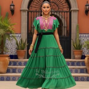 Vestido chifon, bordado a mano chenteño talla G verde