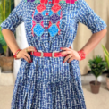 Vestido algodón bordado chenteño, talla G, azul flores