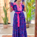 Vestido chifon, bordado a mano chenteño talla G azul/rosa flores